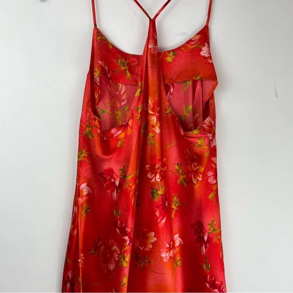 Vtg Y2K Silk Mini Dress Tropical Floral Hawaiian Sz Small Orange Red - Image 6
