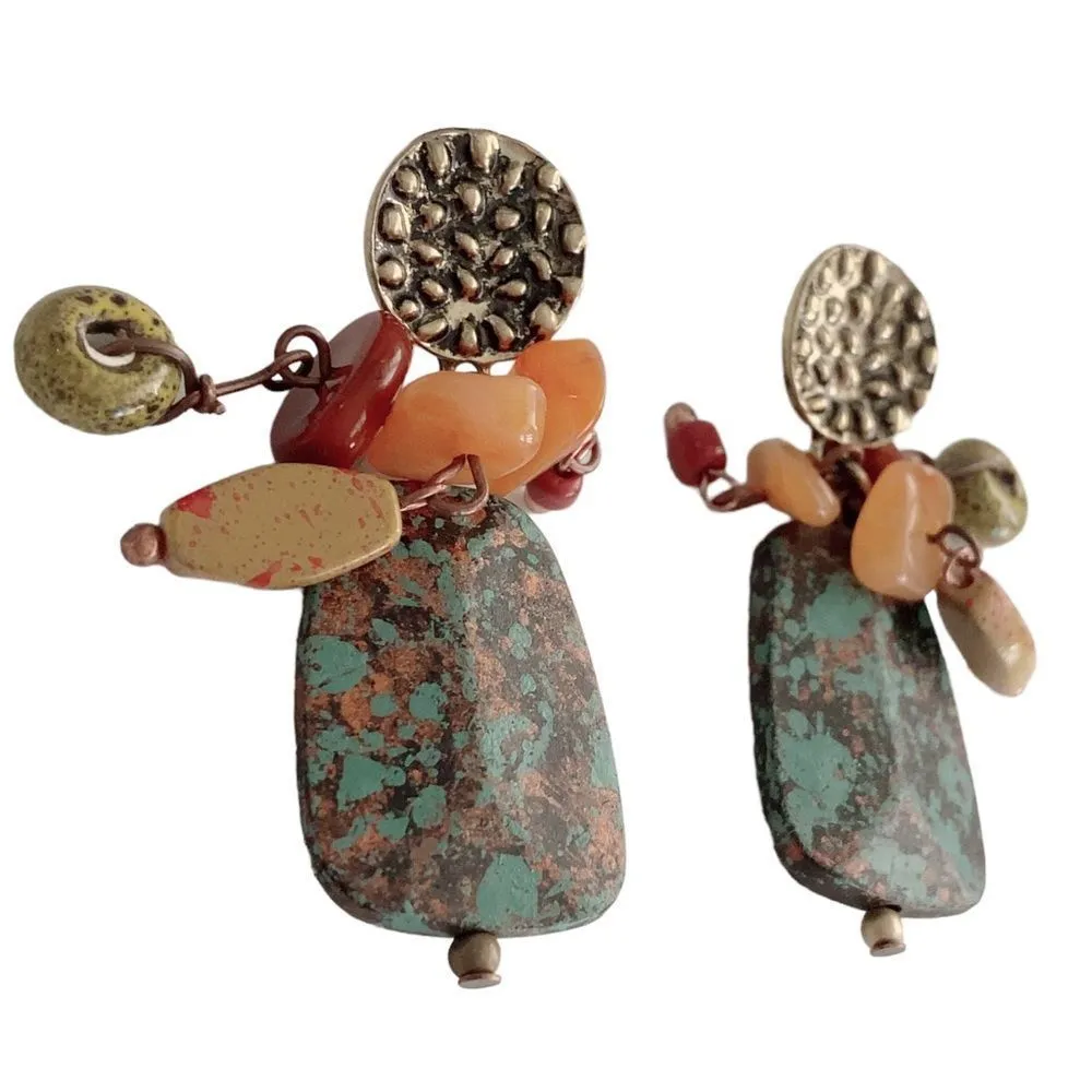 Bohemian Drop Disc Carnelian Ceramic Wood Multicolor Boho Post Stud Earrings - Image 8