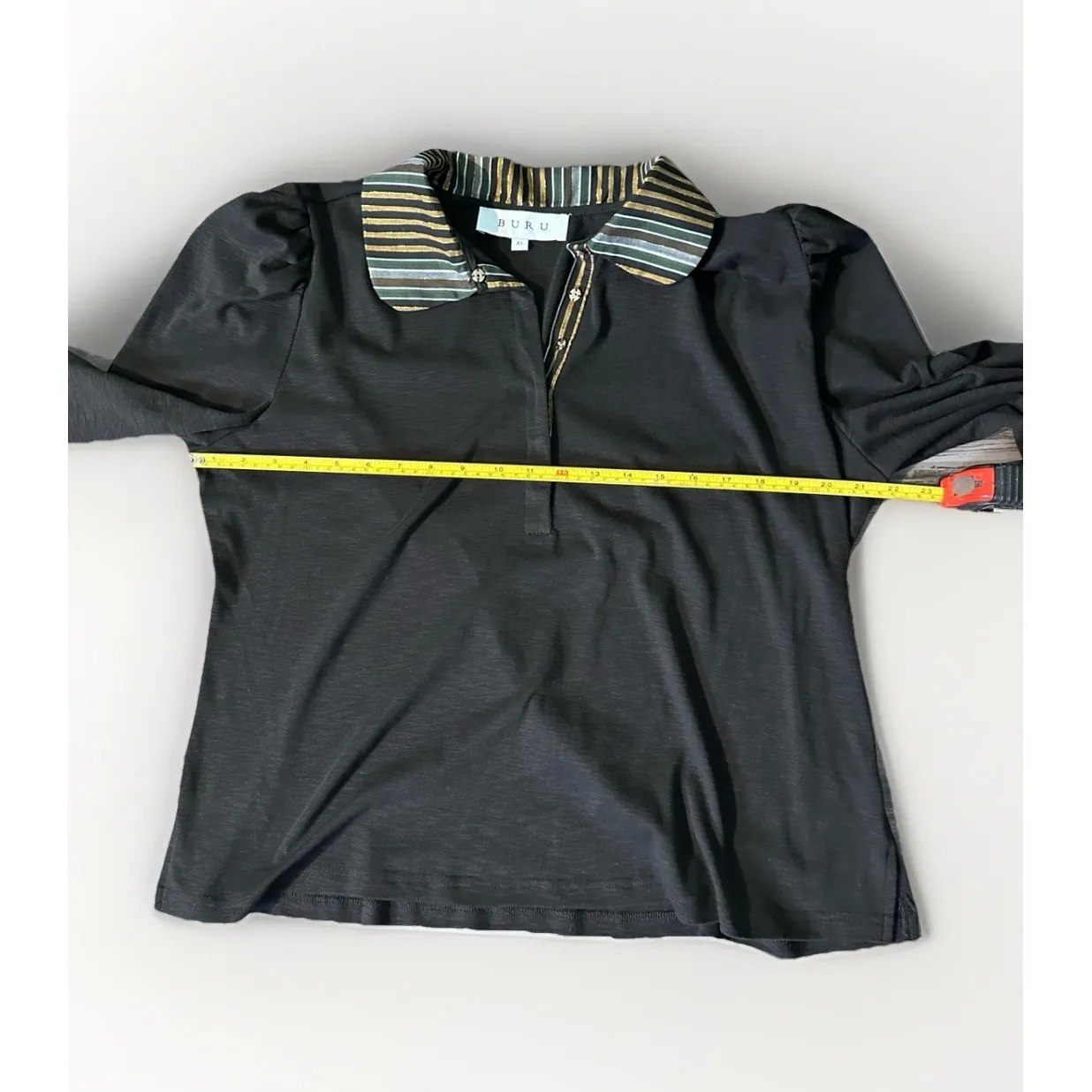 BURU Puff 3/4 Sleeve Striped Collar Top Black Gold Polo Shirt Blouse XL $118 - Image 8