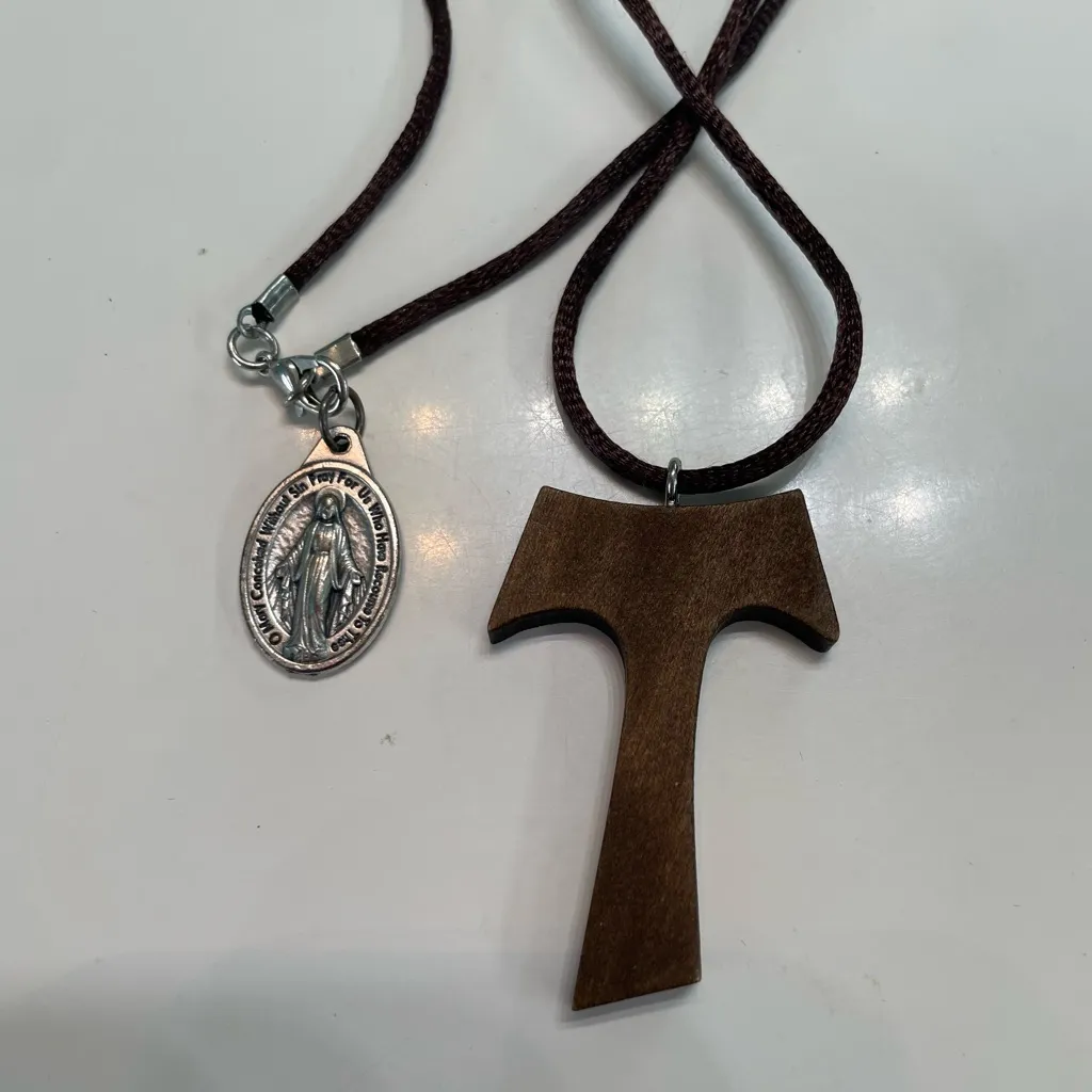 Never Worn Wooden Catholic Cross with Blessed Medallion Brown - Image 4