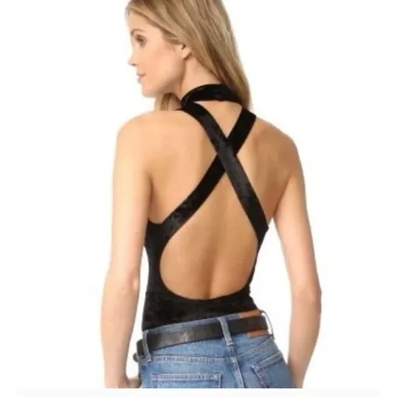 BB Dakota Bodysuit Womens X Small Black Velvet Open Back Criss Cross Halter - Image 2