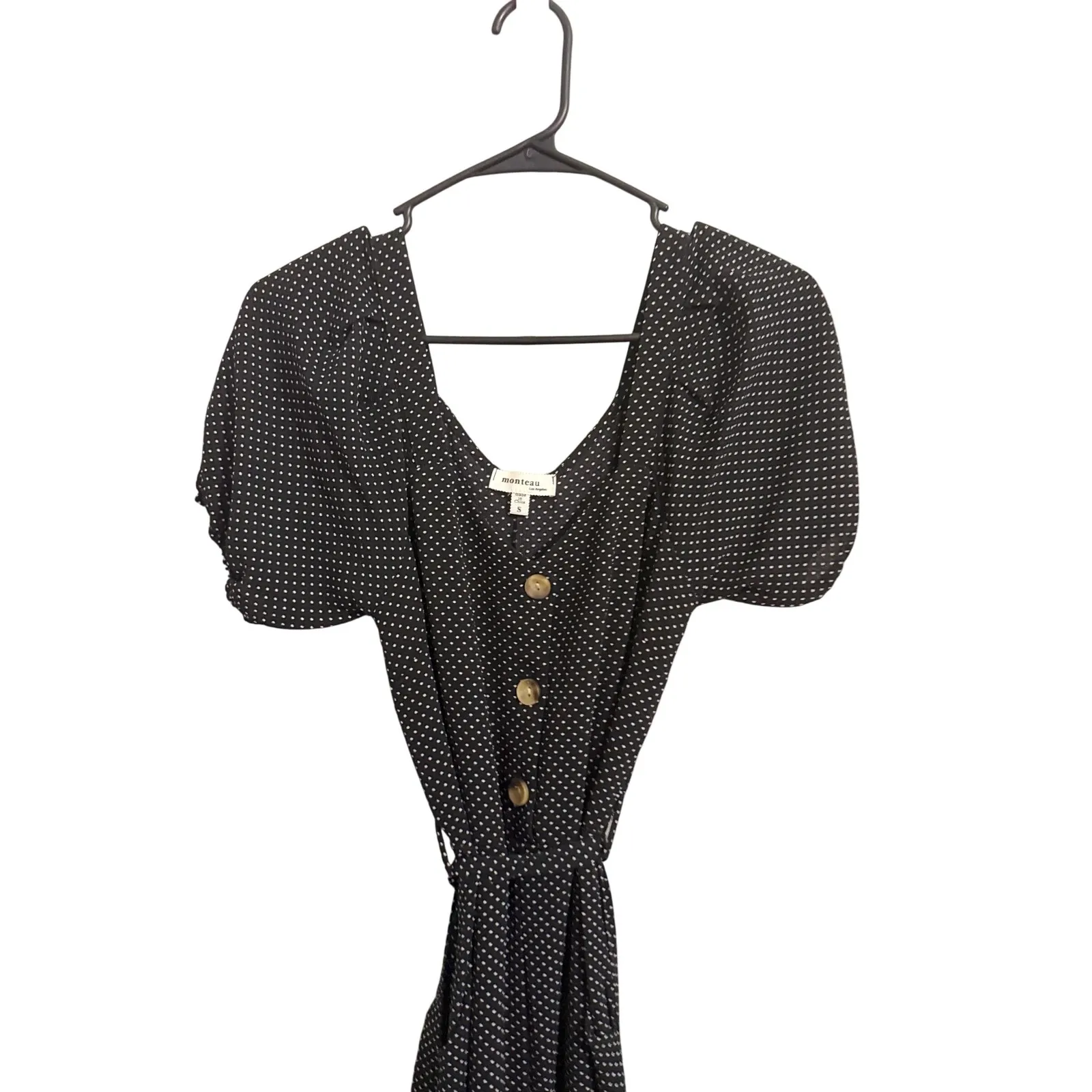 Monteau‎ Black White Polka Dot Puff Sleeve Midi Dress Button Front Tie Waist S - Image 2