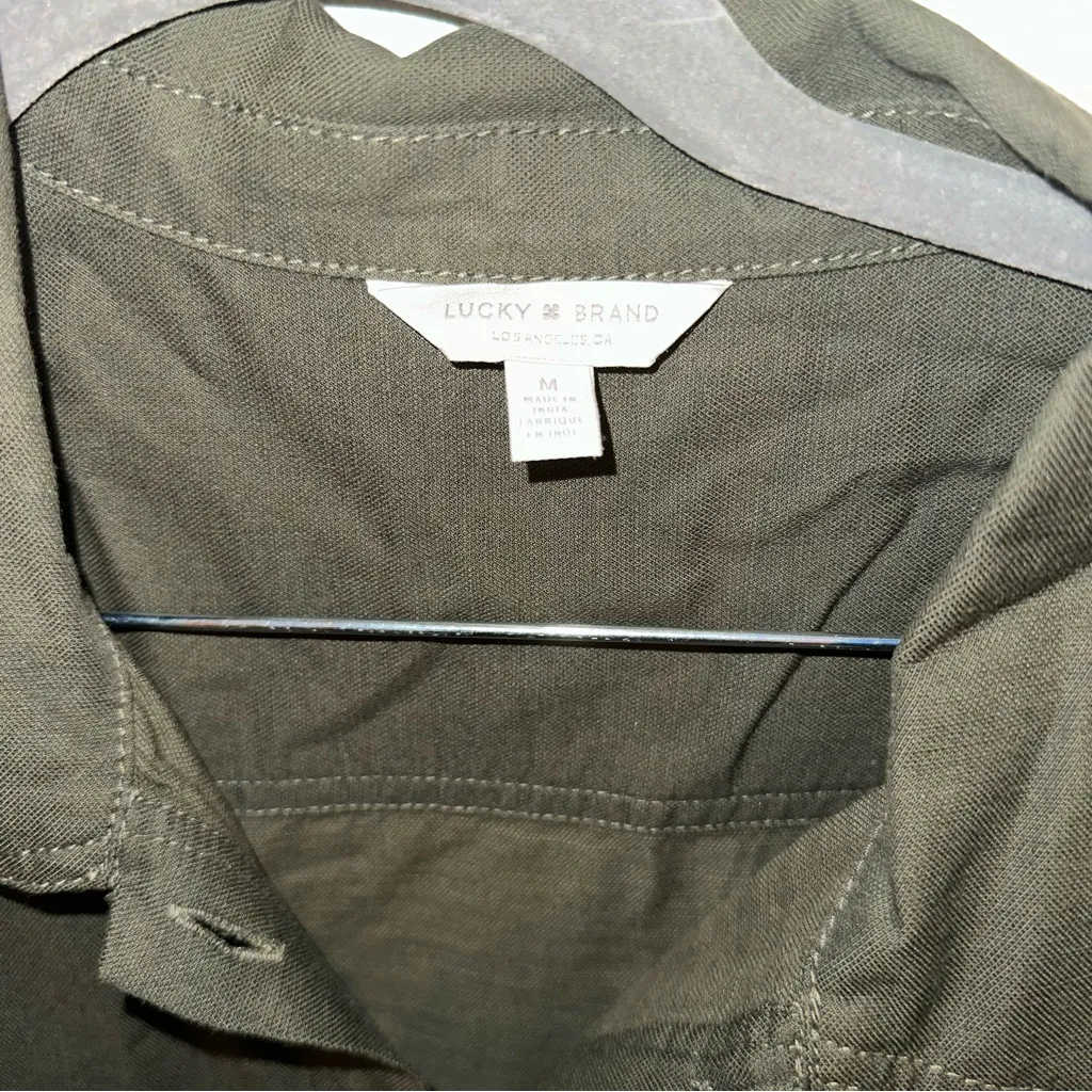 Lucky Brand cargo Forest Green Women's Collared Button up Tie Waist Jumpsuit Med - Image 8