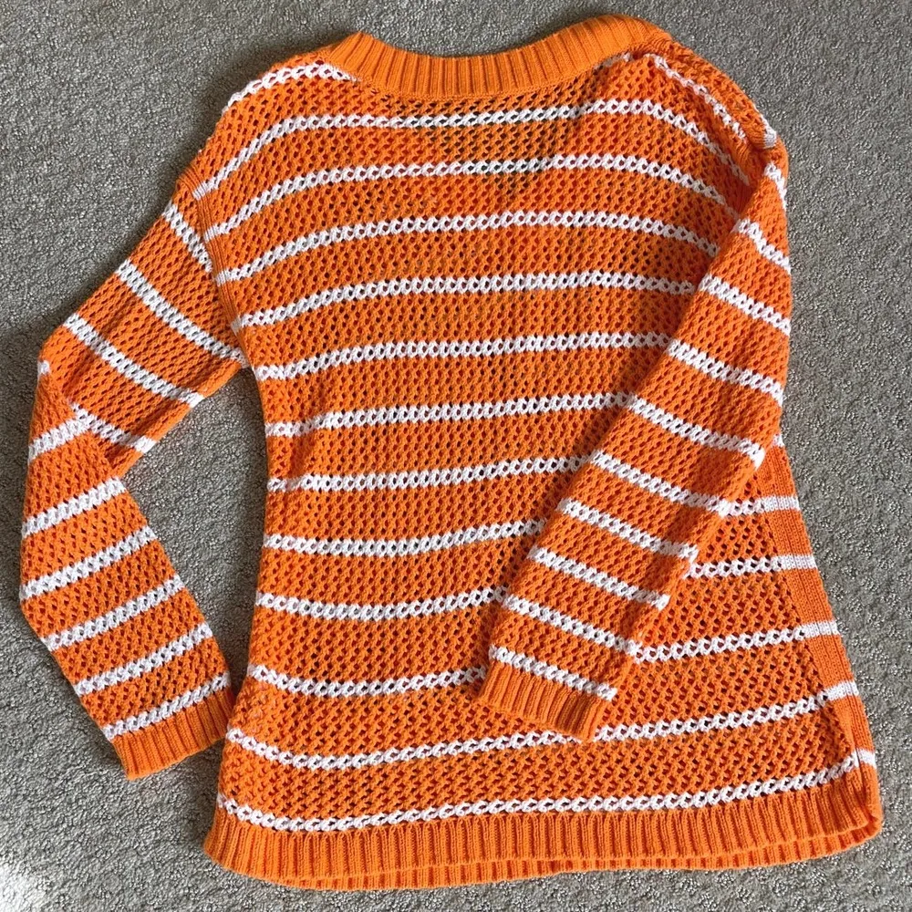 Talbots Orange & White Stripe Open Knit V-Neck Sweater - Image 5