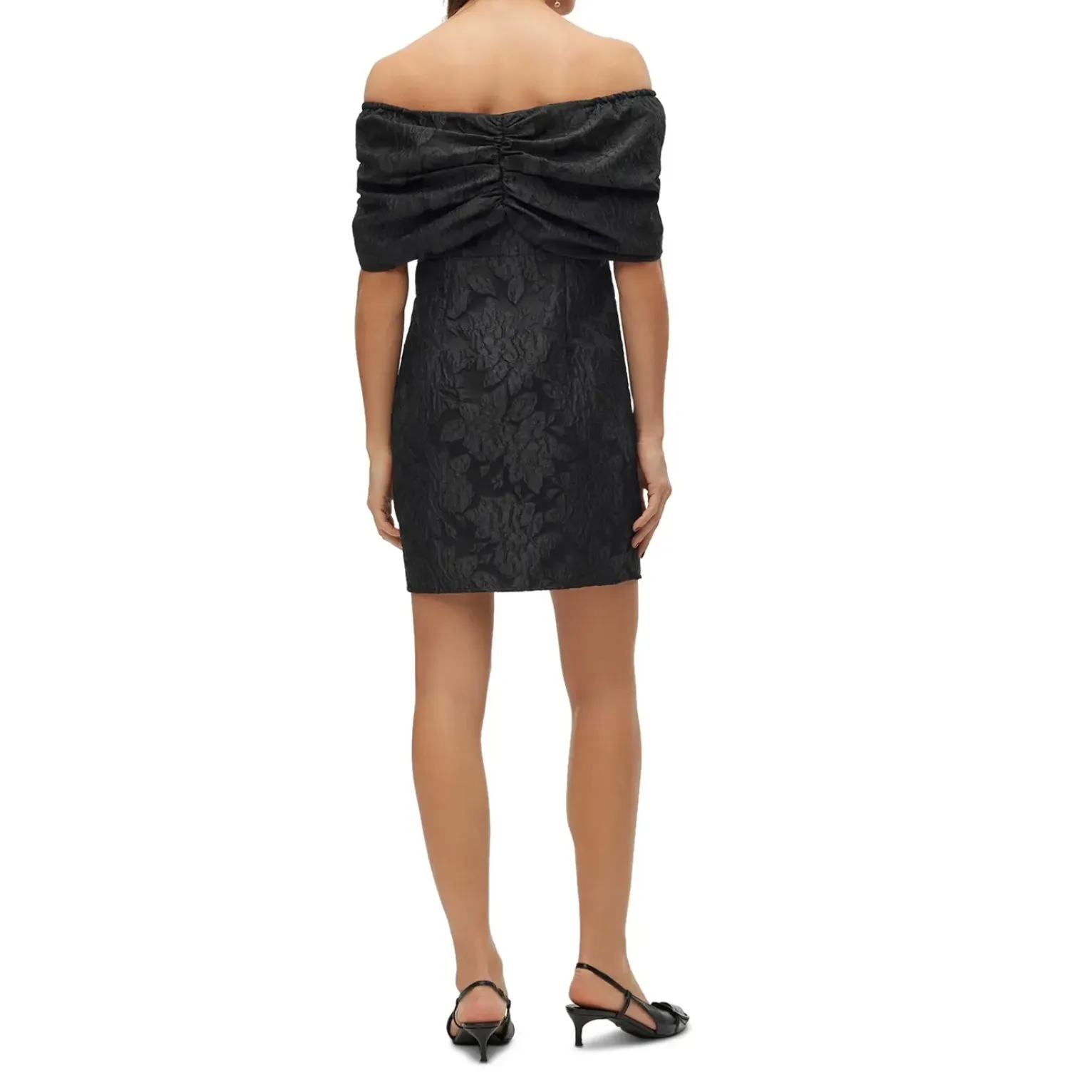 Vero‎ Moda Black Off Shoulder Bow Detail Jacquard Mini Dress Size M - Image 2