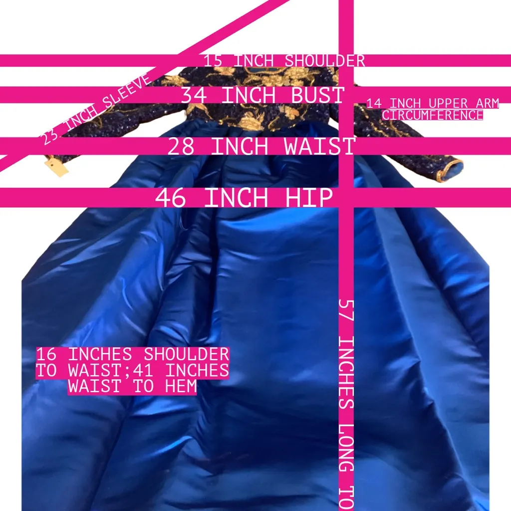 RICHILENE VINTAGE 1980'S BLUE, CREAM & GOLD SEQUIN & SATIN GOWN (S) Blue - Image 14