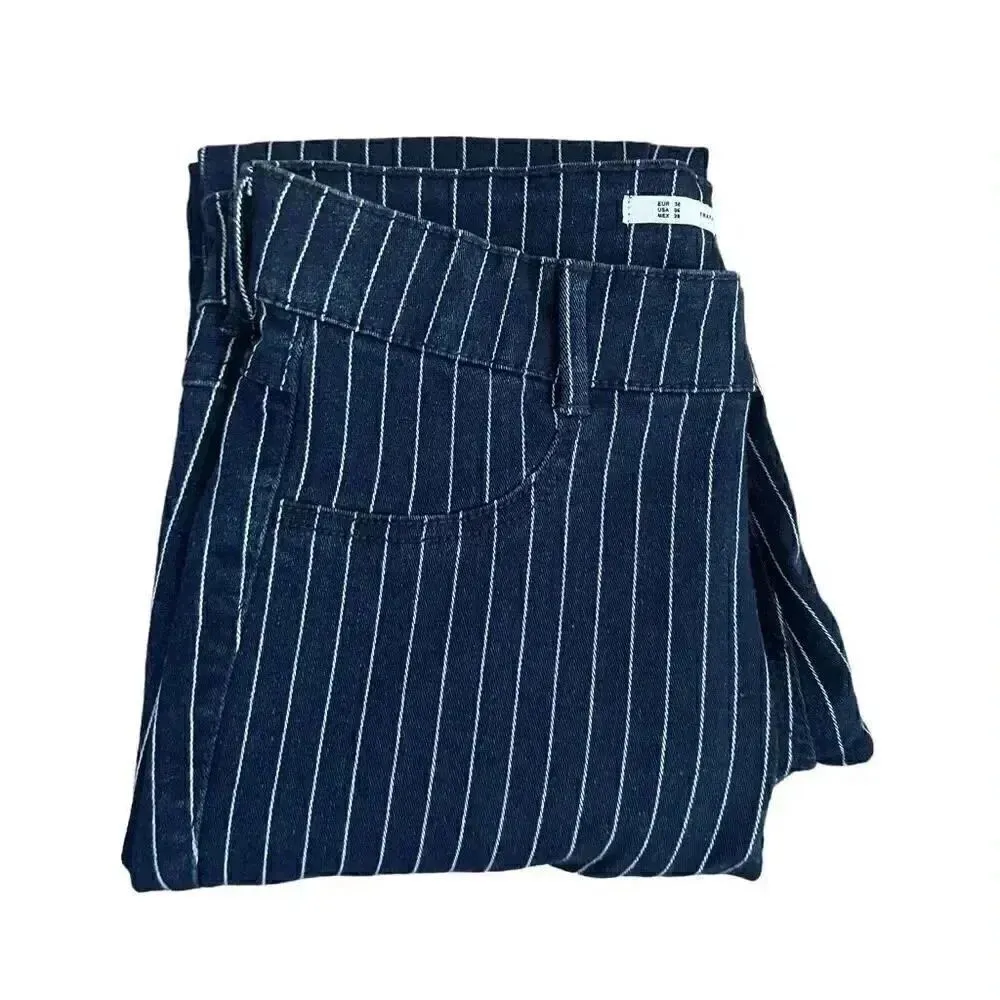 NWT Zara Trafaluc Stretch Navy Stripes Denim Slim Fit Distressed Ankle 6 #1131 - Image 8