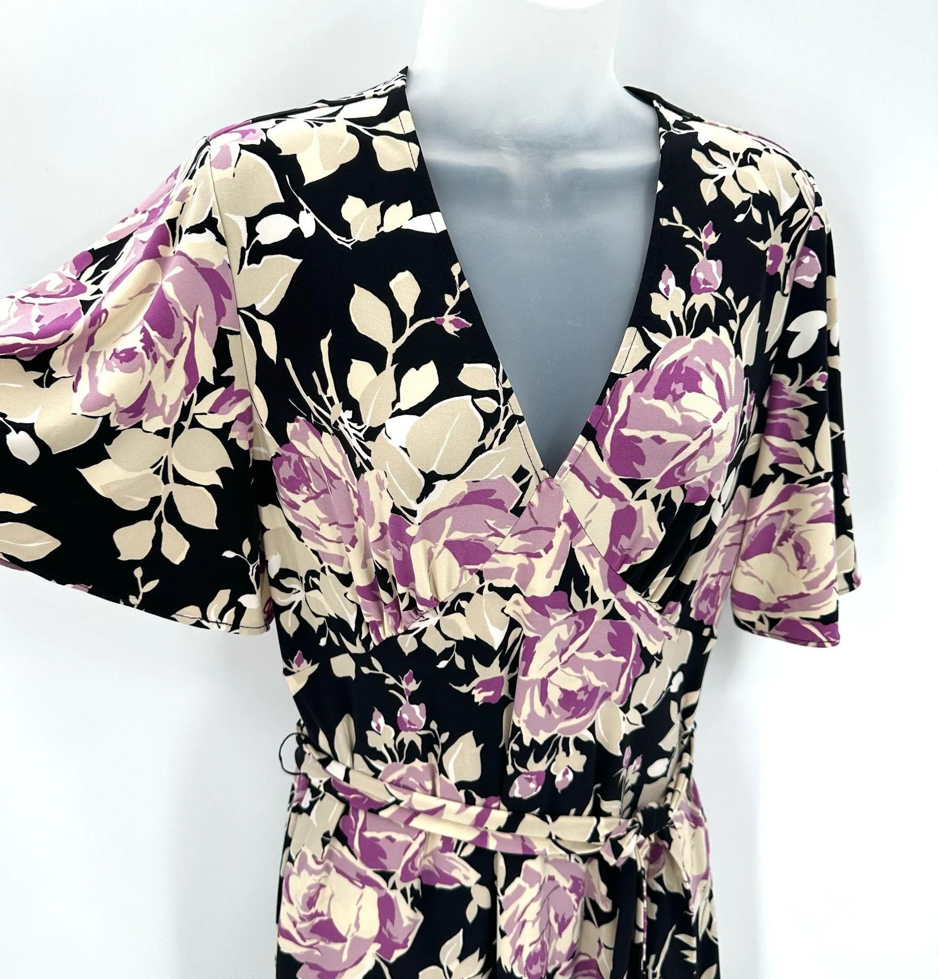 Lauren Ralph Lauren Dress Womens 8 Floral Belted Jersey Black Purple Flutter Slv   - Image 4