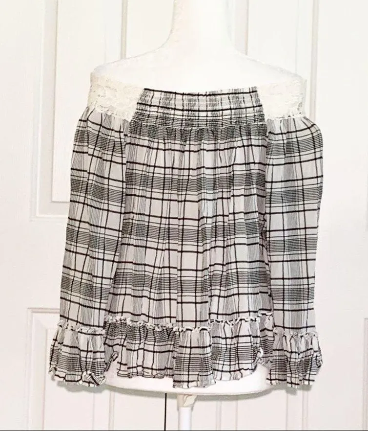 Ann Taylor LOFT Top Blouse Plaid Lace Off-The-Shoulder Top Blouse Size Medium - Image 7