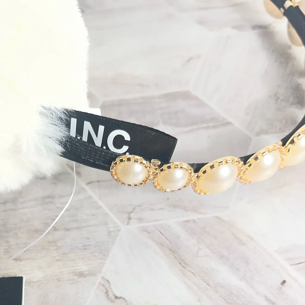 INC International Concepts Faux Fur Pearl Headband Earmuffs Ivory One Size NWT White - Image 5