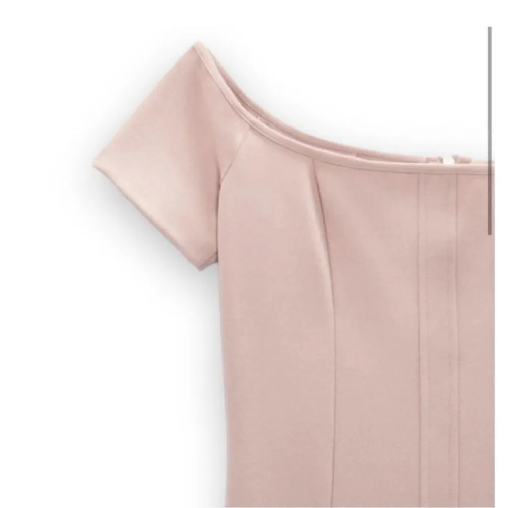 Zara Off the Shoulder Bodycon Midi Dress XSMALL Baby Light Pink Topstitched - Image 7
