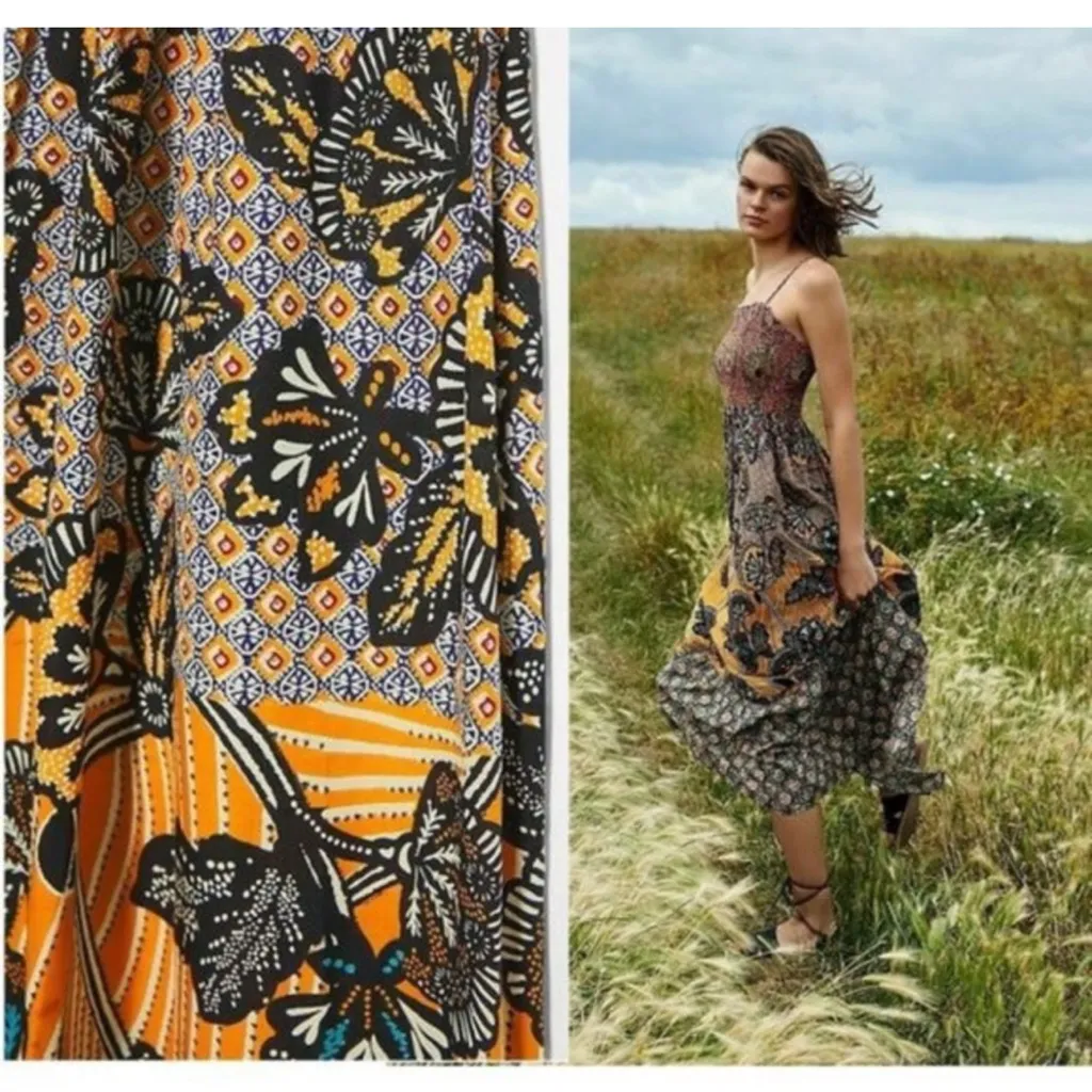 Anthropologie Jamila Smocked Maxi Dress Butterfly Boho Hippie Indie Beachy Orange Size M - Image 2