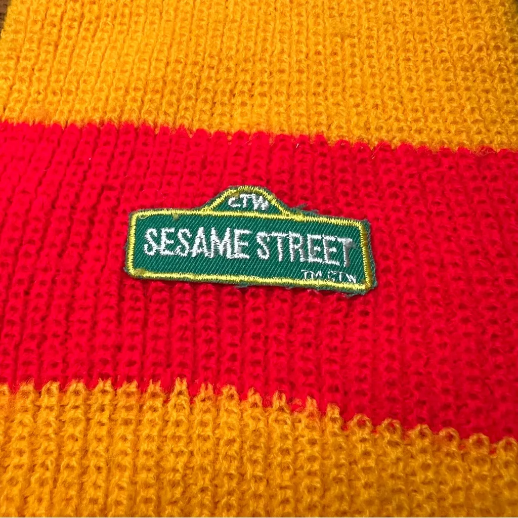 VTG Sesame Street Knit Scarf Orlon Acrylic CTW Logo Red Yellow Elmo Big Bird O/S - Image 6