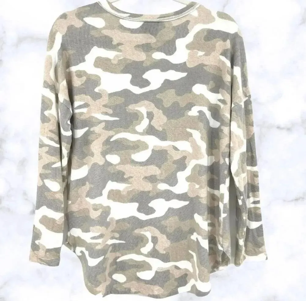Bobeau Soft Camo Print V-Neck Sweater Top Long Sleeve Blouse Shirt Knit Cream XS - Image 4