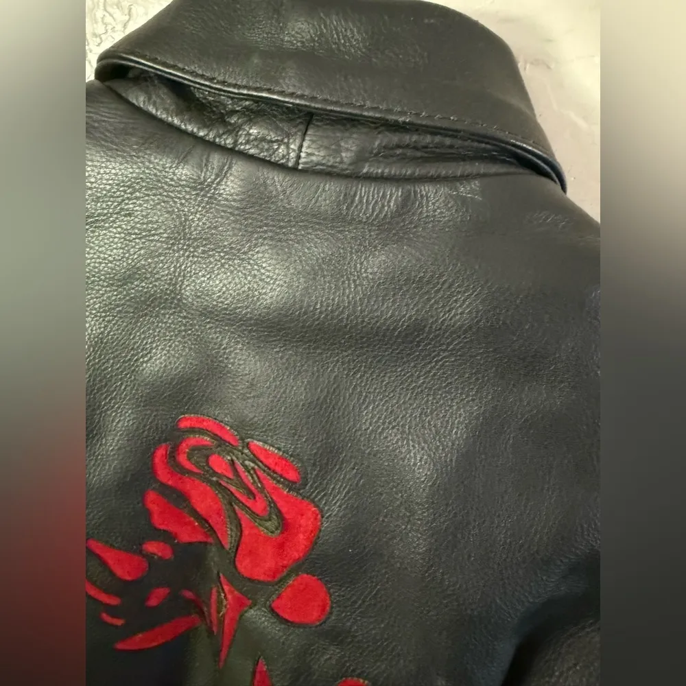 Interstate Leather Black Motorcycle Jacket Red Roses Tassels Fringe Women’s XL - Image 14