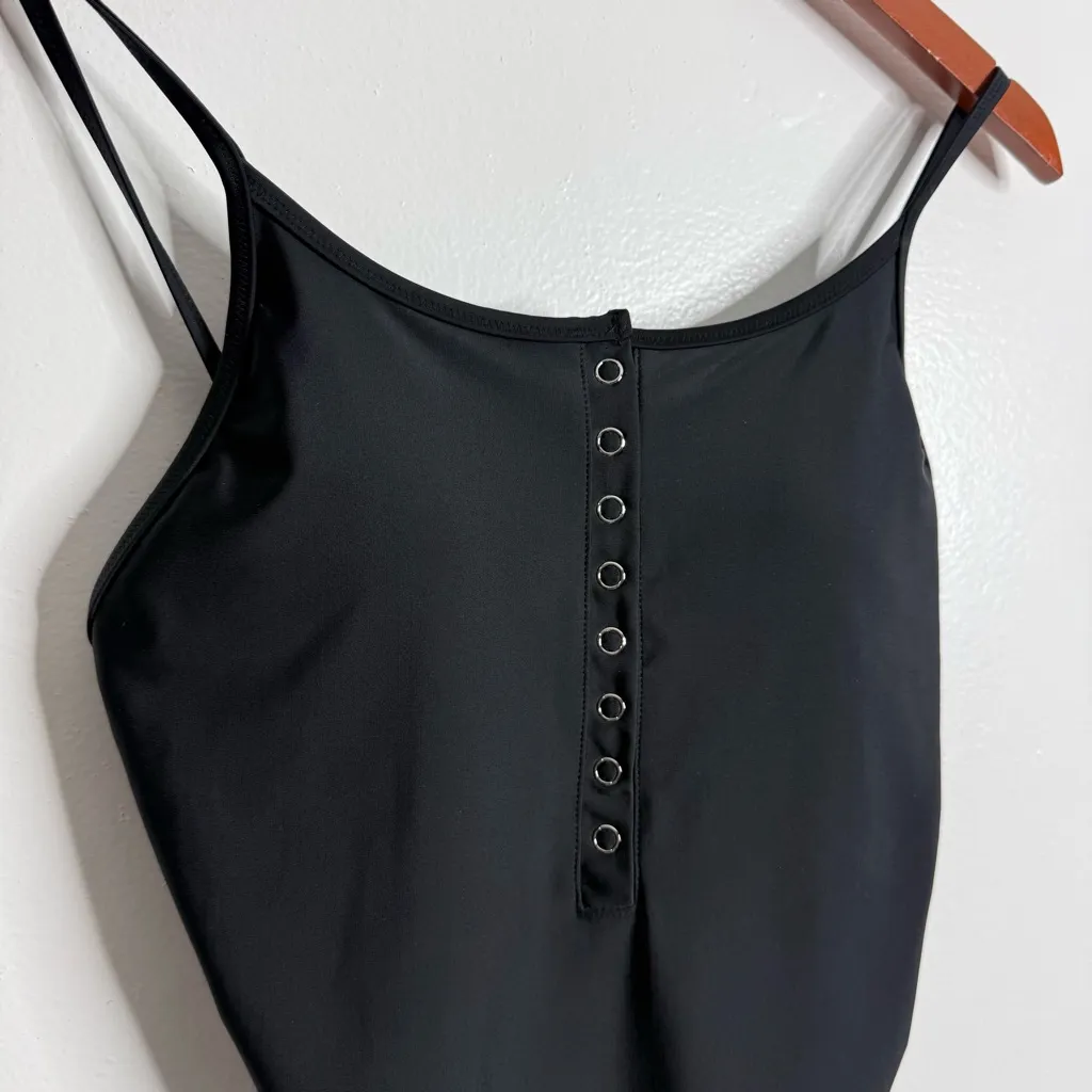 NWT UpWest Black Henley One Piece Bathing Suit Snaps High Cut Scoop Back Medium - Image 10
