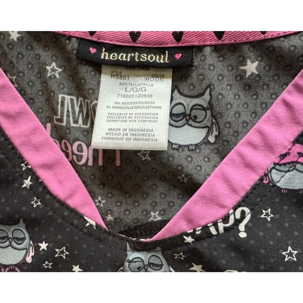 Owl Scrub Top Heart Soul Women's Large Hoo Needs A Nap Print V-Neck Pink Black - Image 8