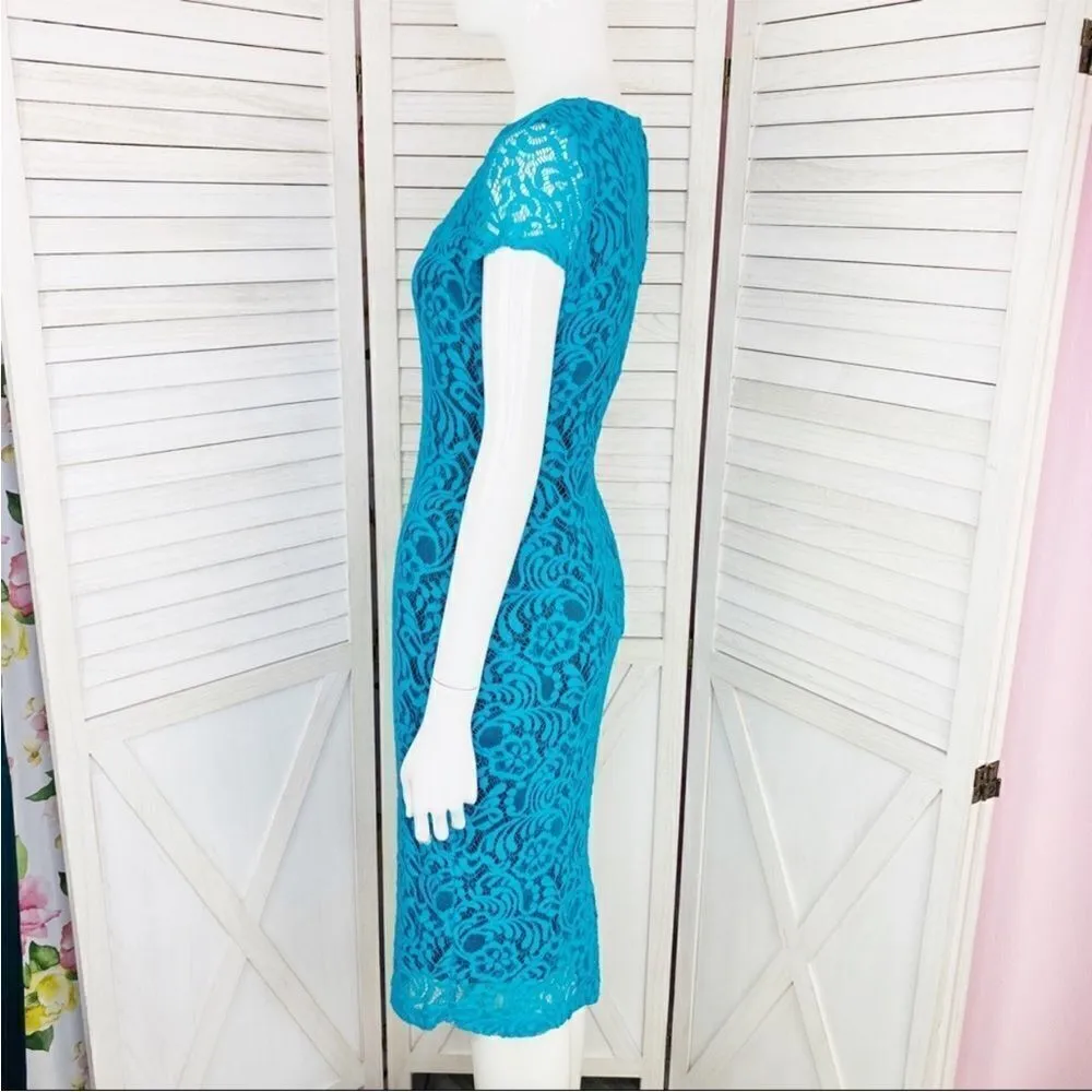 Eva Mendes New York‎ & Co. Lace Sheath Bodycon Dress Teal Black 2 Cap Sleeve Blue - Image 2
