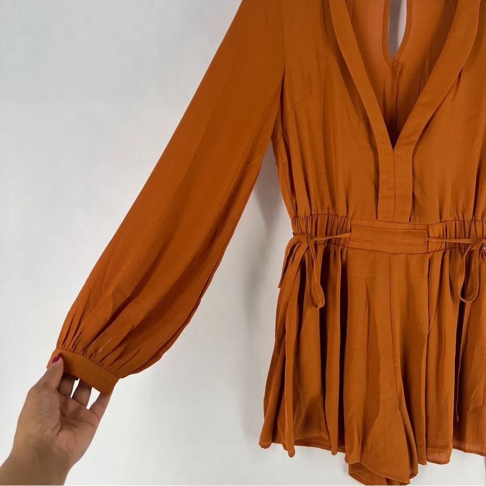 Leslie Selfie Orange Crepe Chiffon Pleated Deep V Tie Waist Long‎ Sleeve Romper - Image 8