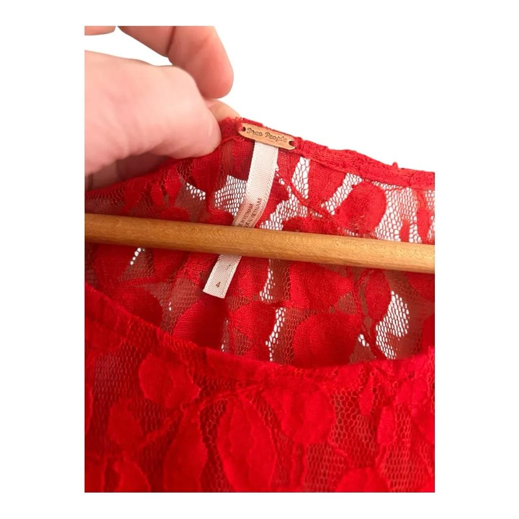 FREE PEOPLE Red Mesh Floral Lace Overlay Dress Size 4 - Image 10