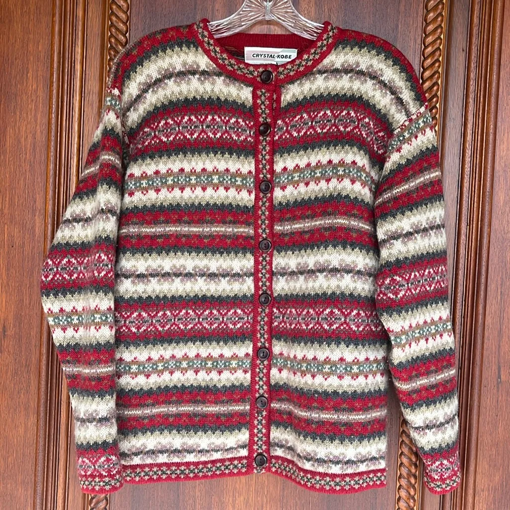 Vintage Crystal Kobe Shetland Wool Sweater Nordic Red Fair Isle Womens Small - Image 9