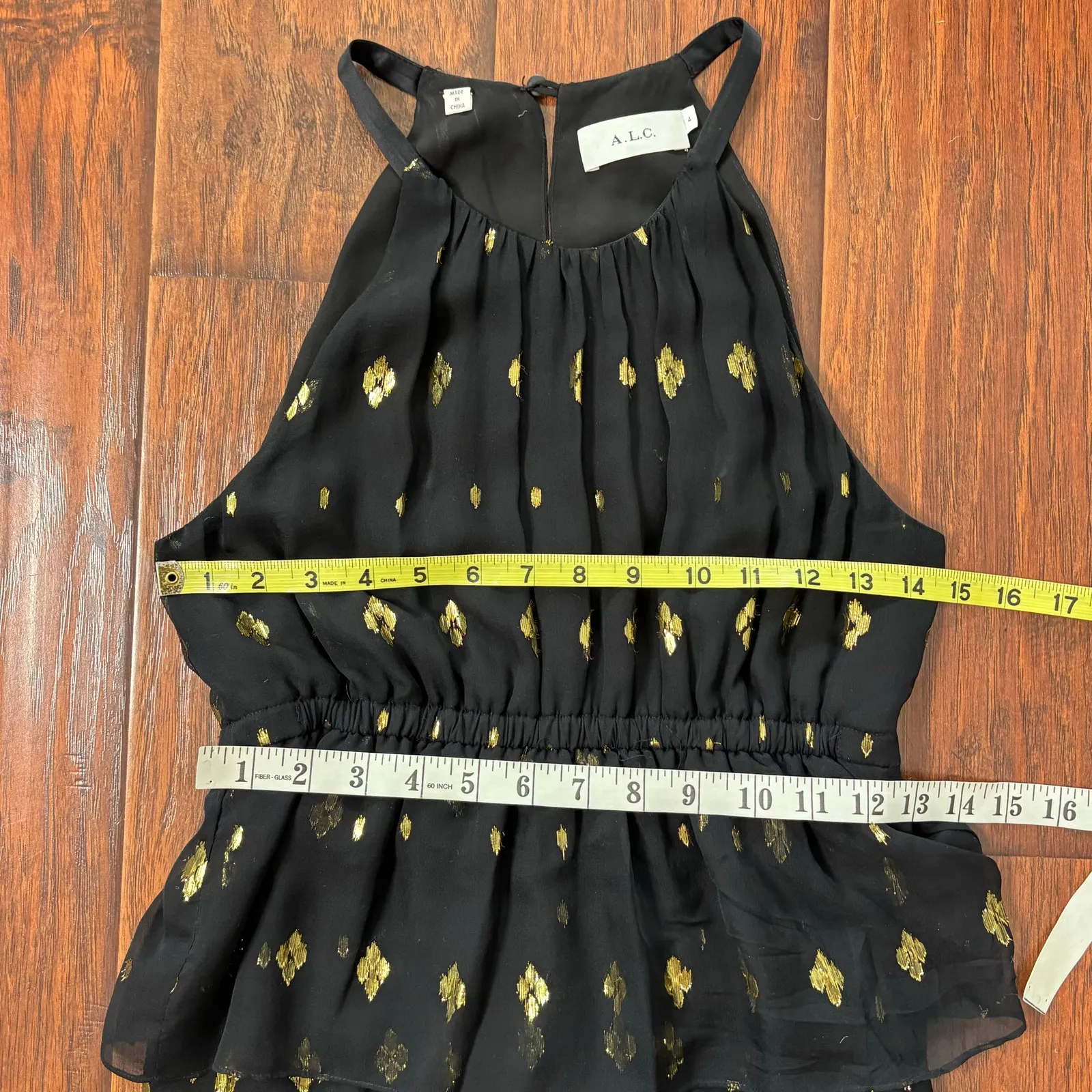 ALC Rosa Sleeveless Fil Coupe Silk Black Ruffle Halter Midi Dress Metallic Gold - Image 4