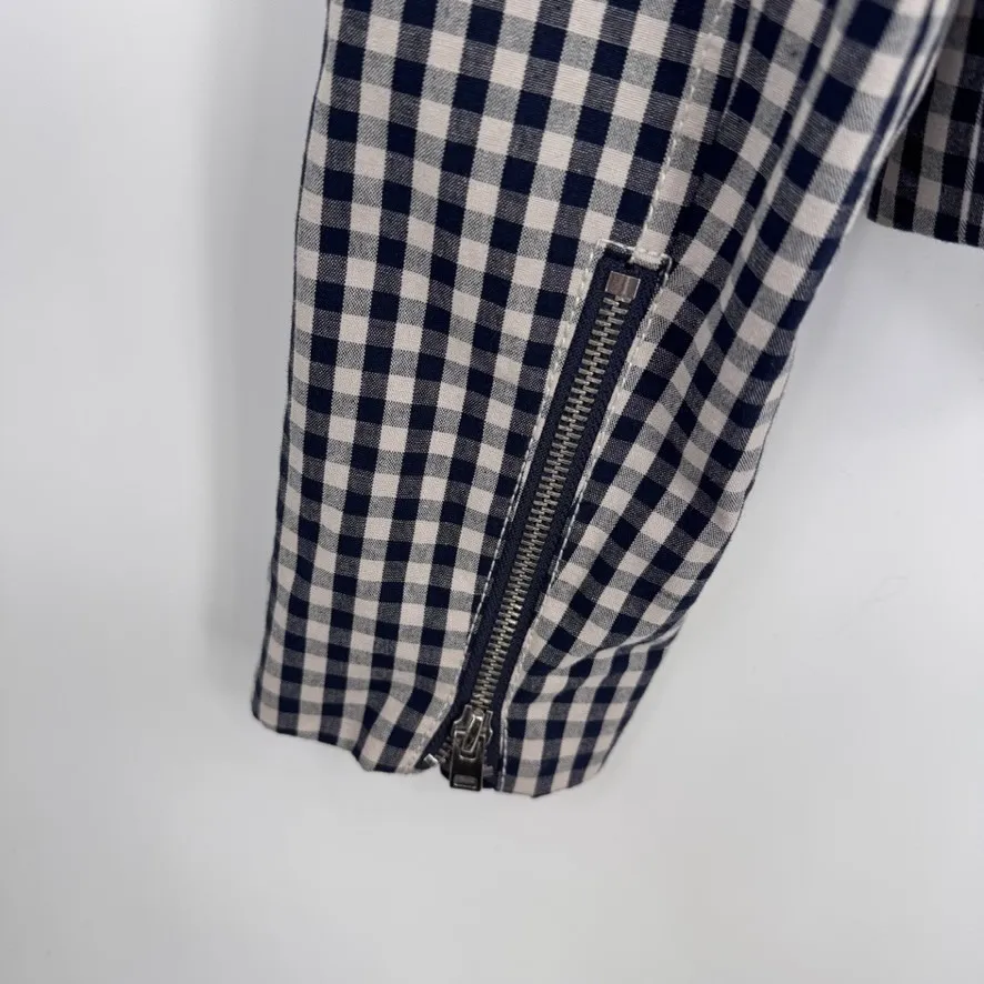 J. Crew Preppy Moto Jacket Womens 10 Blue White Gingham Plaid Cotton Linen NWOT - Image 9