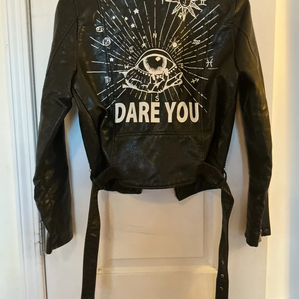 Boutique Black Vegan Leather Moto Jacket with Studded & Zipper Details Small - Image 4