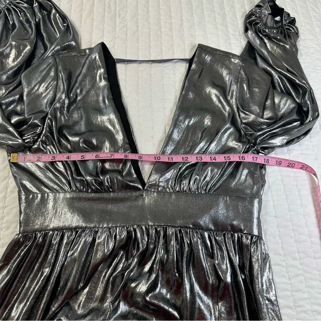 NEW Gianni Bini Zella Metallic Lame Plunging V-Back Front Slit Gown Maxi Dress - Image 8