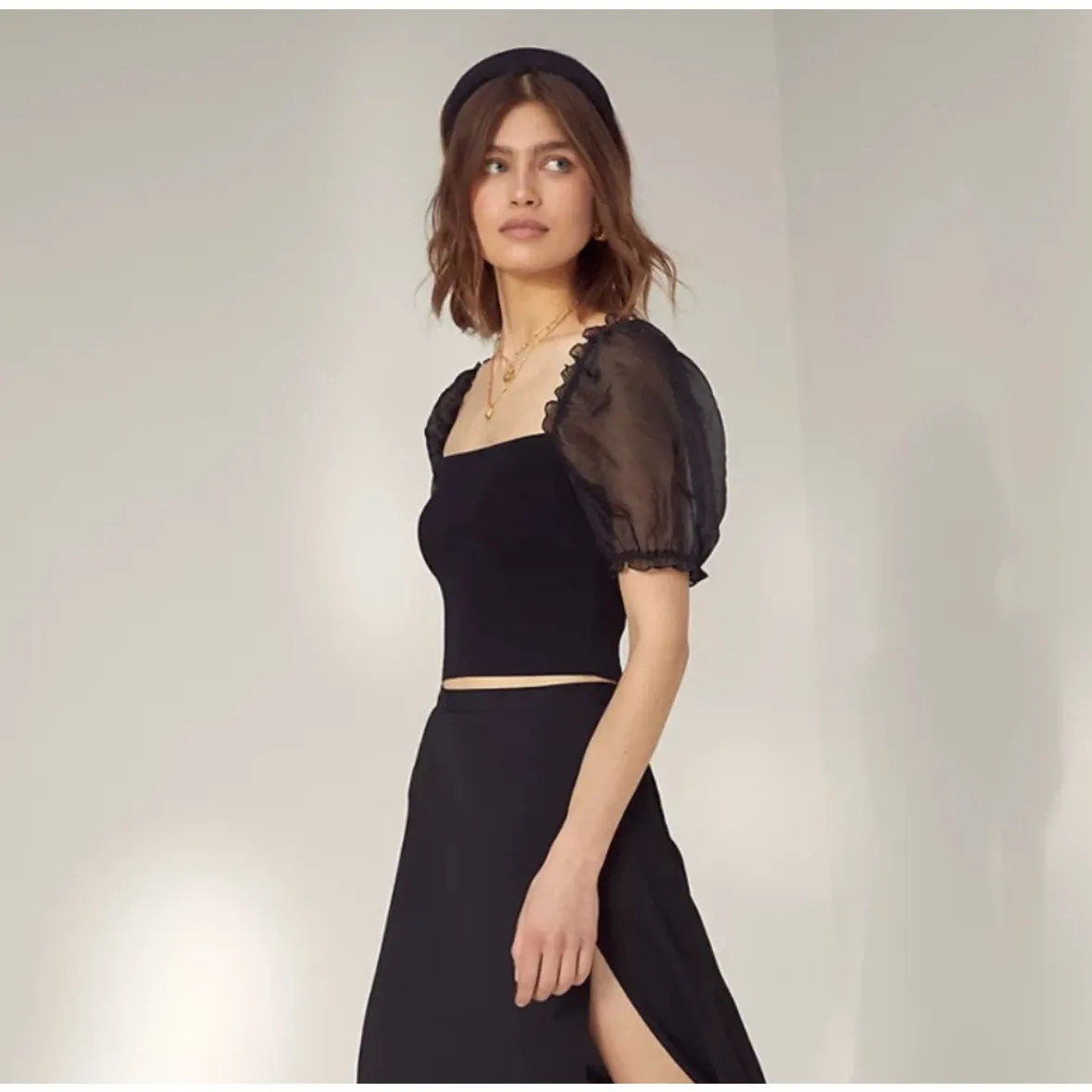 Aritzia Wilfred Black Ribbed Knit Sheer Puff Sleeve Cropped Top Size L - Image 10