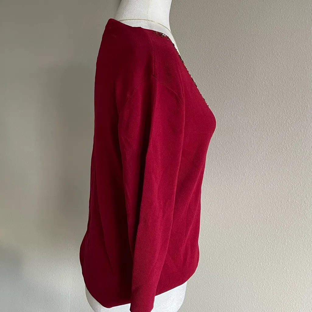 Dressbarn Red V-Neck Sweater with Embellishments Size M - Image 3