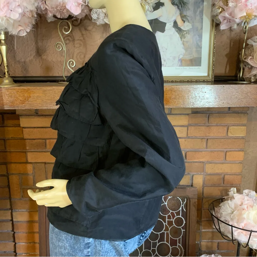 CHRISTOPHER & BANKS BLACK SILK BLEND TIERED RUFFLE FRONT BUTTON DOWN TOP (M) - Image 8