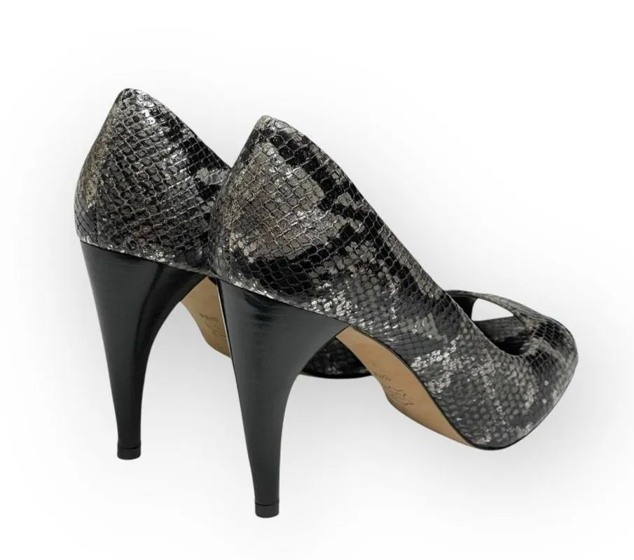 new Via Spiga  Metallic Python Leather Peep Toe Heels Pumps  Black Grey  8.5M - Image 3