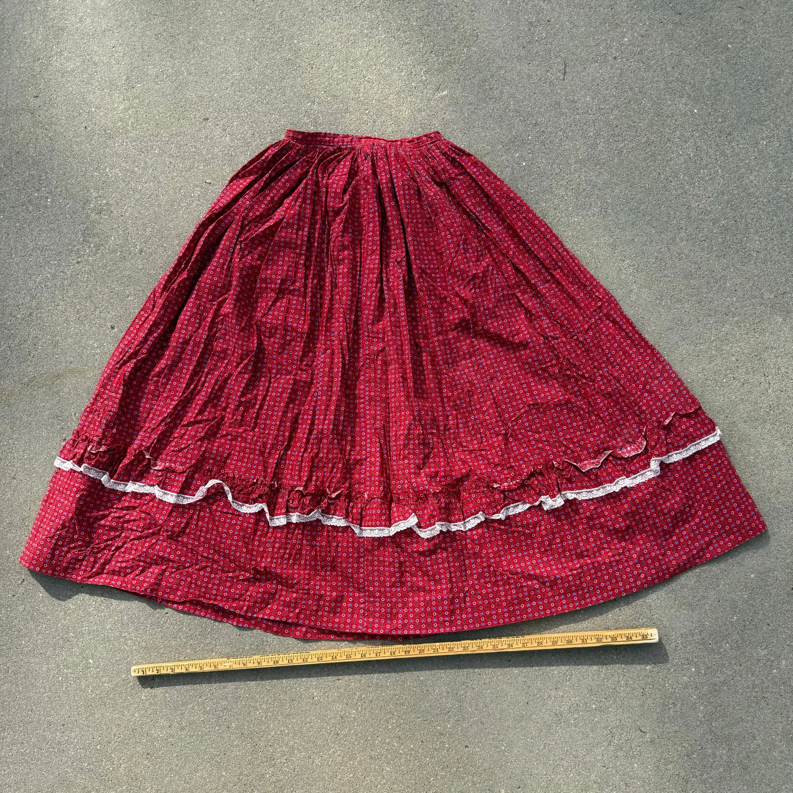VTG 80s 90s prairie Gunne red calico floral eyelet lace tiered skirt 25" WAIST Size XS - Image 8