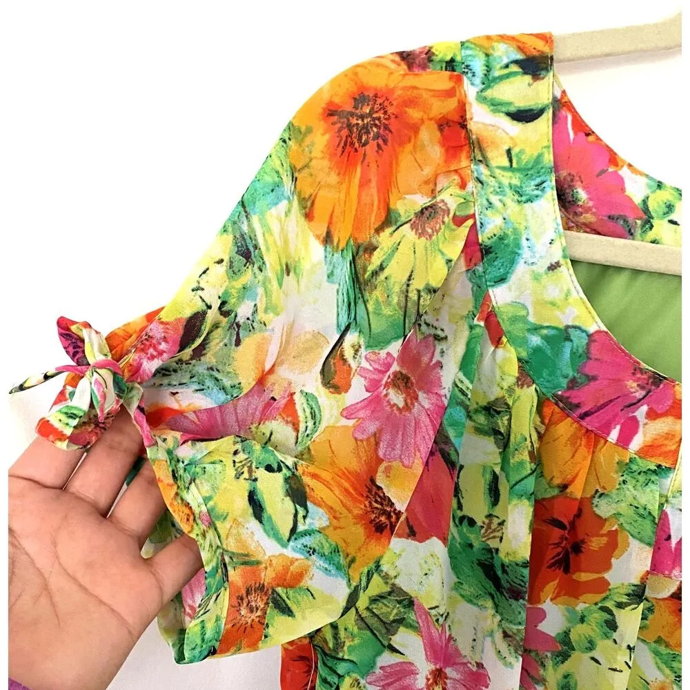 Sara Michelle Floral Green Floral Blouse Lined Scoop Neck Lined Multicolor Top S - Image 4