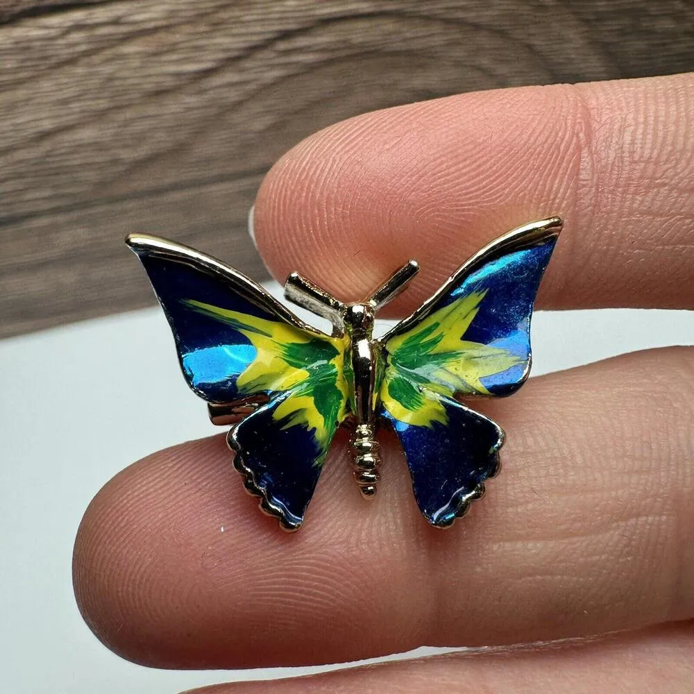 Butterfly Insect Blue Yellow Green Enamel Brooch Pin Gold Tone Set Of 2 - Image 6