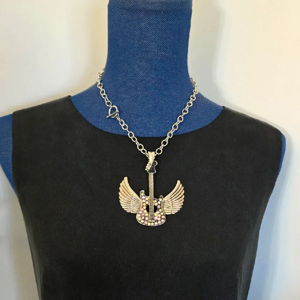 Statement Silver Guitar with Wings Large Pendant Necklace Set - Image 10