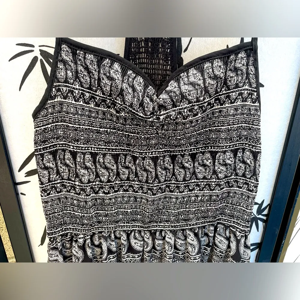 Xhilaration Dress (XS) T-Strap. Crochet T. Black w/White Geo Print. Elastic Top - Image 4