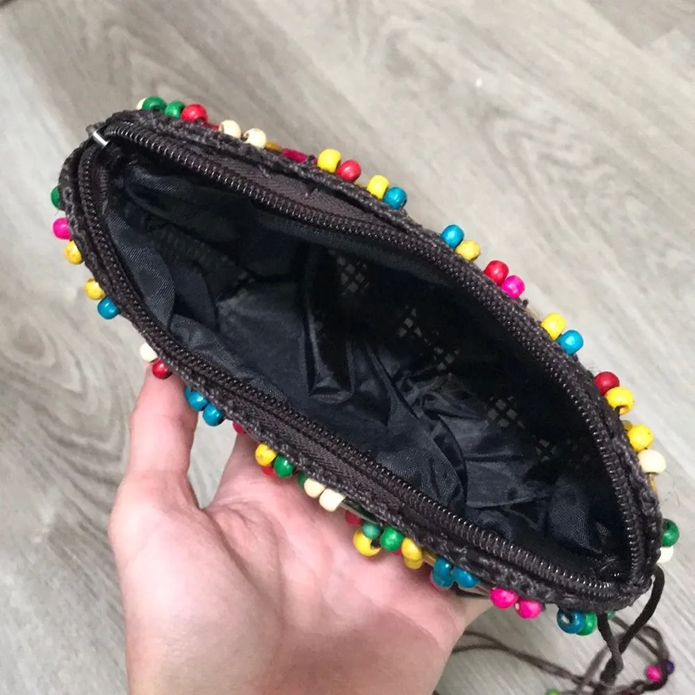 Beaded Flower Bohemian Wicker Small Purse Bag Brown - Image 5