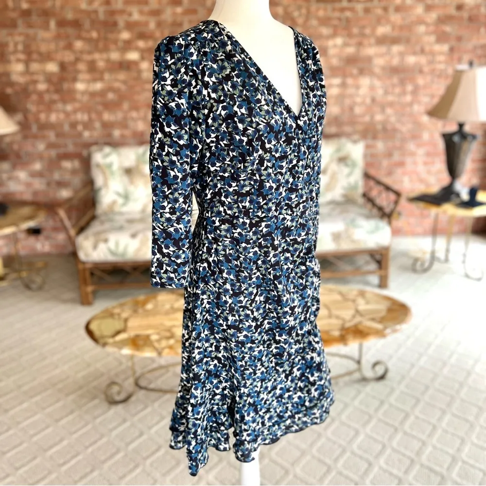 Suzanne Betro Dress Floral Blue Ruched High Low M V-Neck A-Line Garden Brunch - Image 13