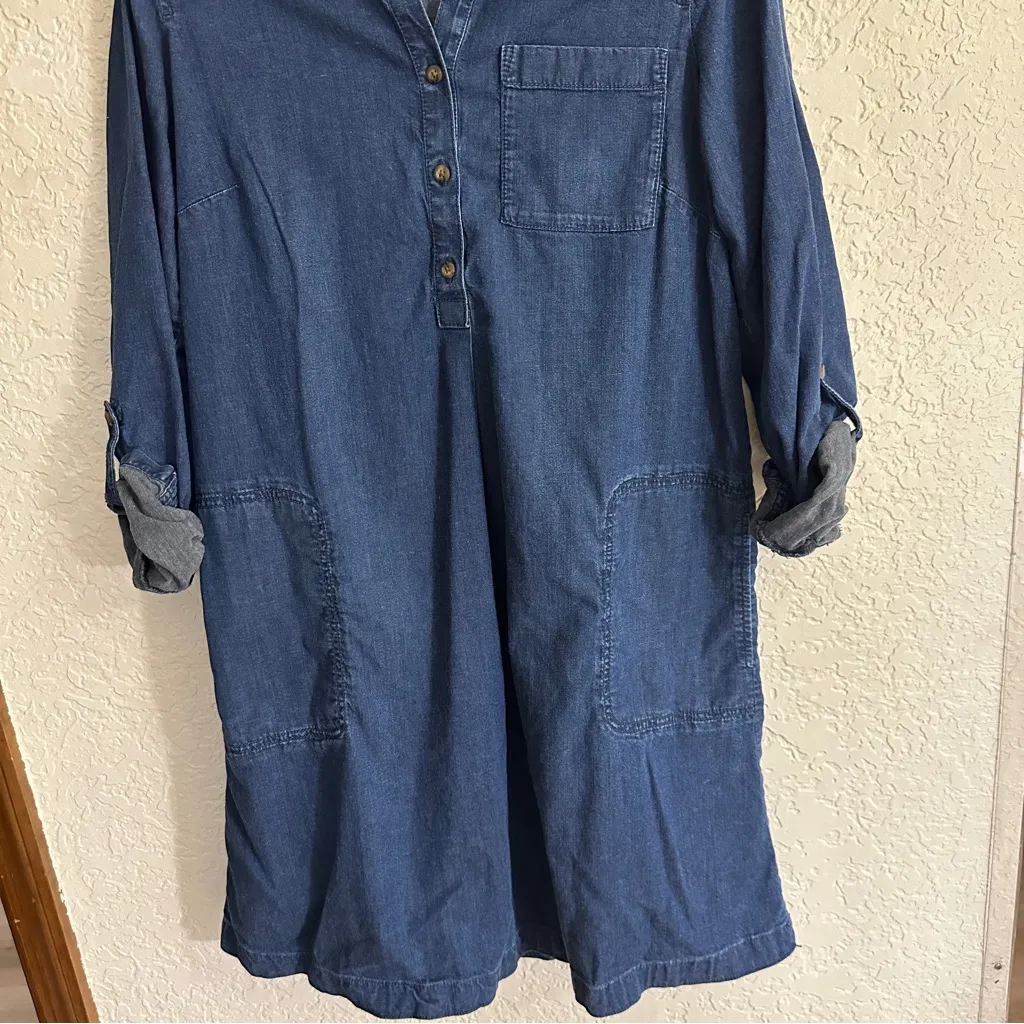 J.Jill Denim Tencel Shirt Dress Dark Wash Convertible Tab Sleeves Pockets‎ Small Blue - Image 4