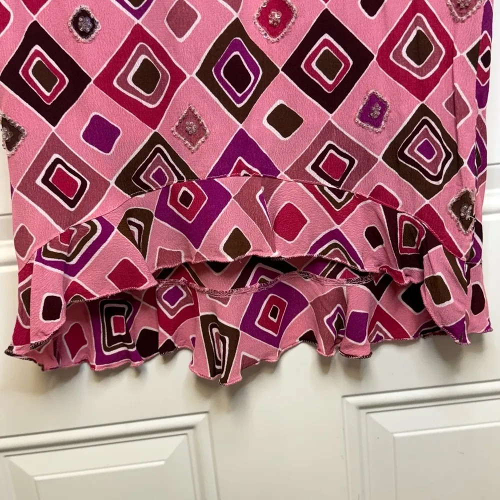 Vintage Y2K Skirt Embellished Sequin Diamond Print Ruffle Hem Size Large Pink - Image 3