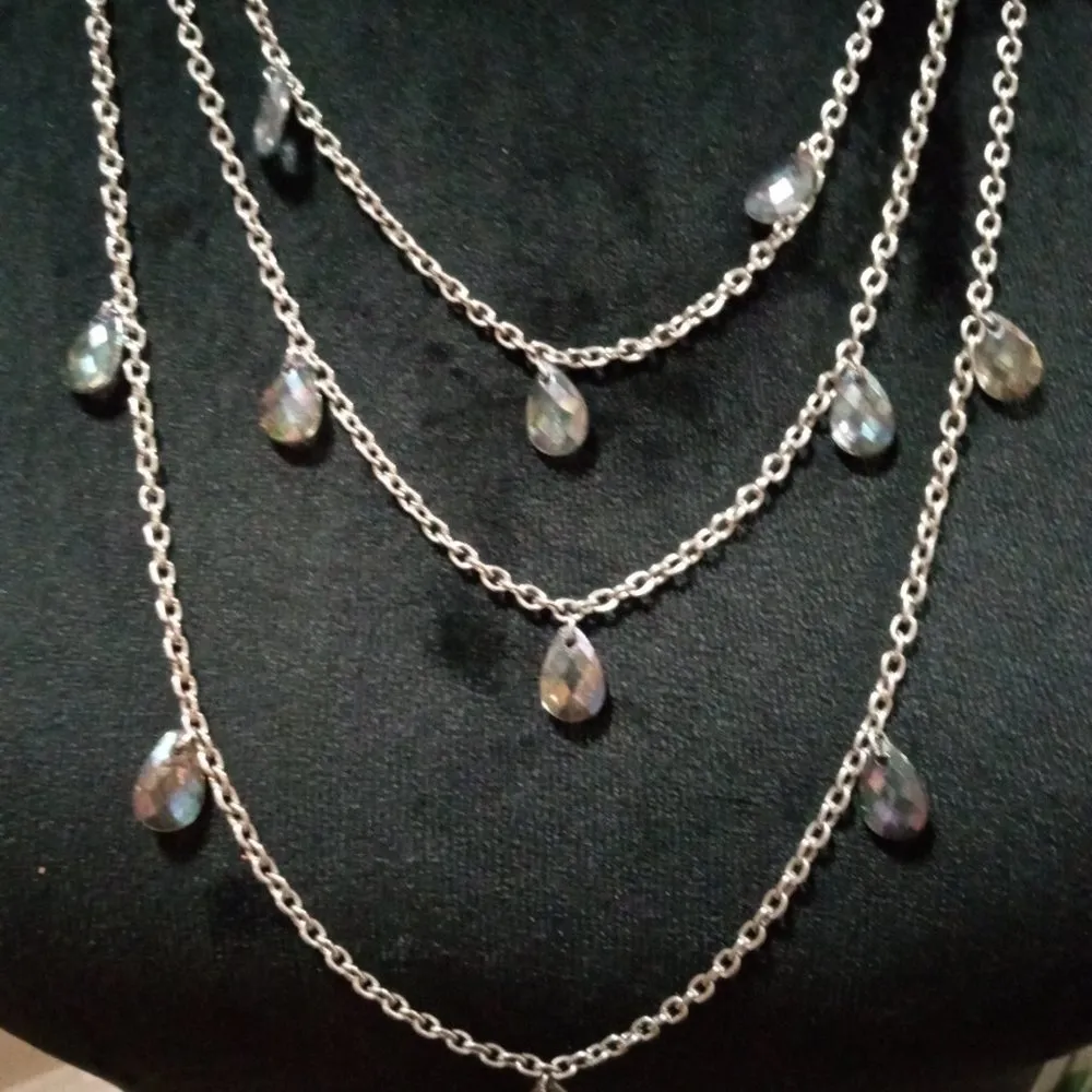 Womens Fashion Silver Tone Triple Layered Chunky Rhinestones Charm Necklace - Image 7