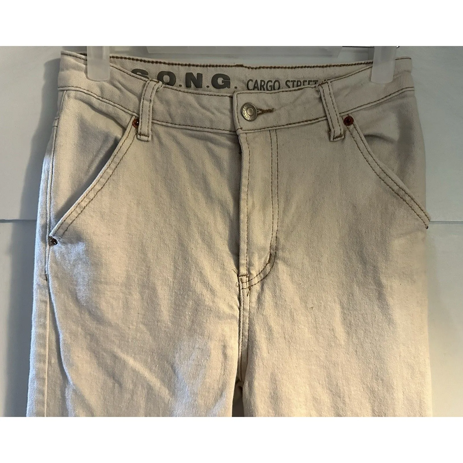 S.O.N.G. Cargo Street Jean Wide Leg High Rise Ivory Cargo Pants Juniors Sz 5/27 - Image 3