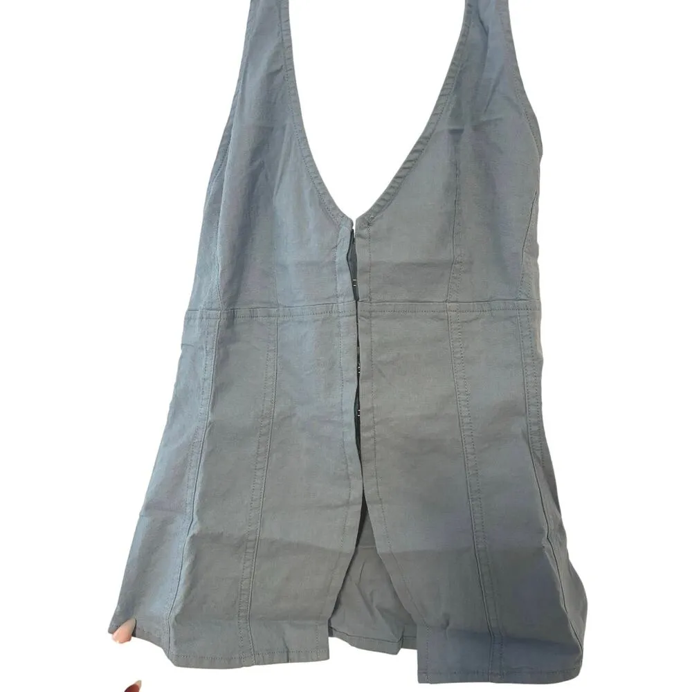 NWT Urban Outfitters Sari Seamed Linen-Blend Halter Vest Top In Blue Size XXS - Image 4