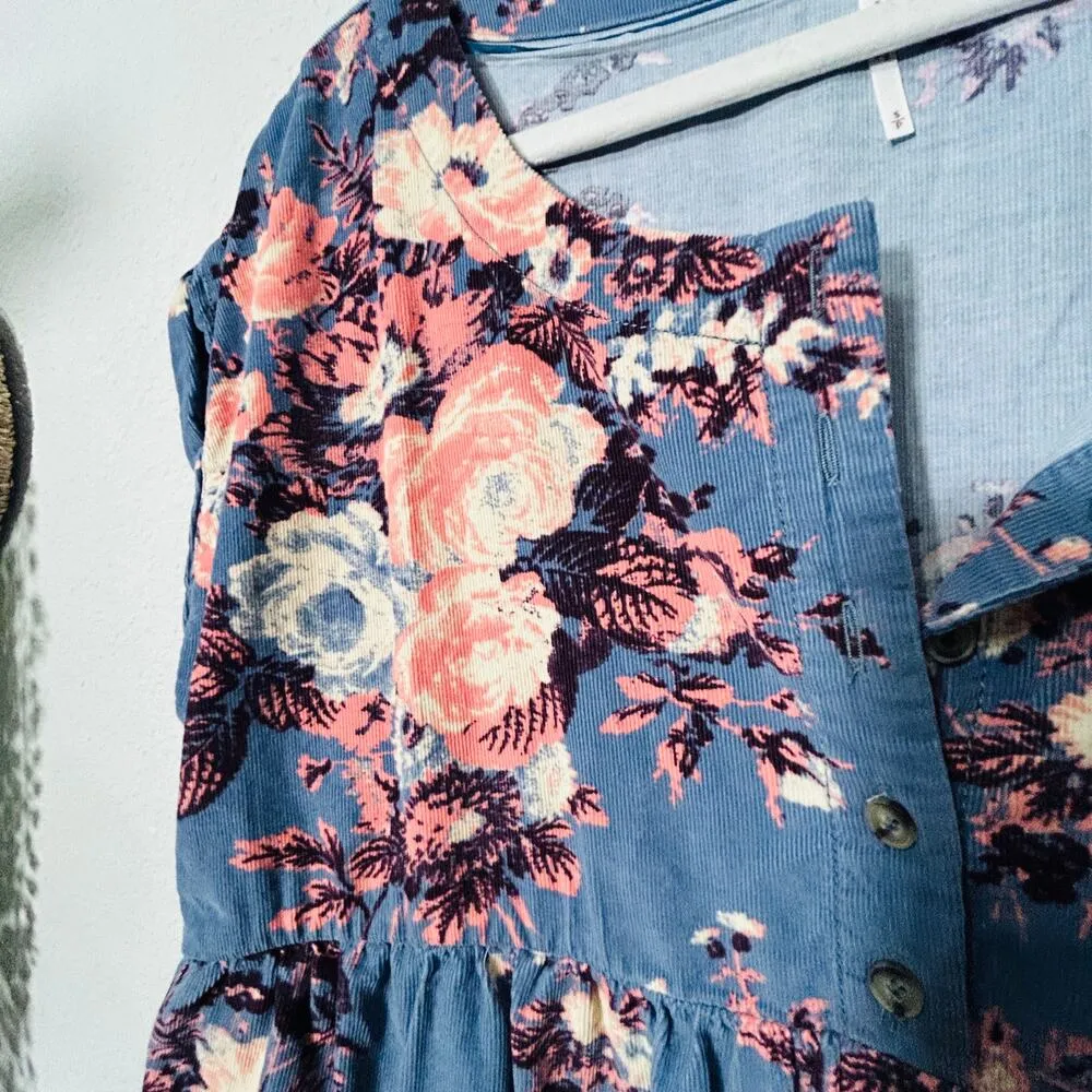 NEW Free People Cottagecore Harper Mini Dress Micro Corduroy Blue Combo Sz Small - Image 5