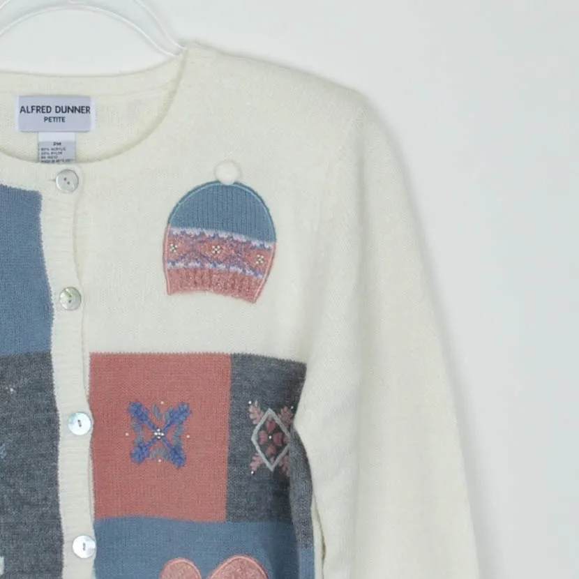 VTG Alfred Dunner Petite Womens Winter Theme Patchwork Cardigan Sweater MP Cozy - Image 2