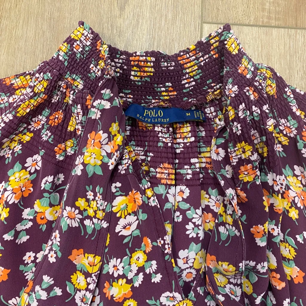 🌟POLO RALPH LAUREN🌟 SILK TIERED FLORAL PRINT TIE NECK MIDI DRESS MAROON SZ M - Image 2