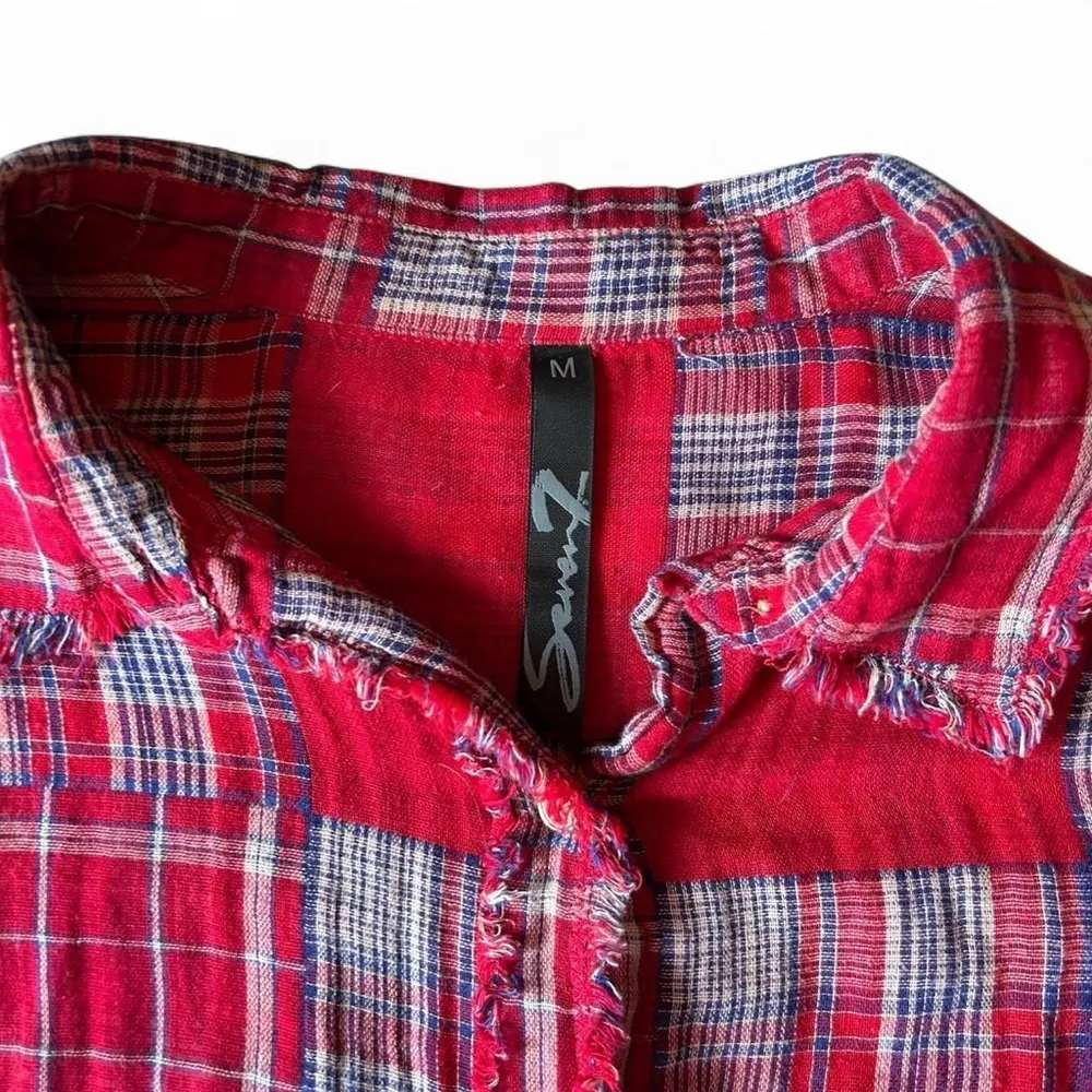 Seven7 Red Patchwork Plaid Shirt – Frayed Boho Western Vibes (Sz M) - Image 2