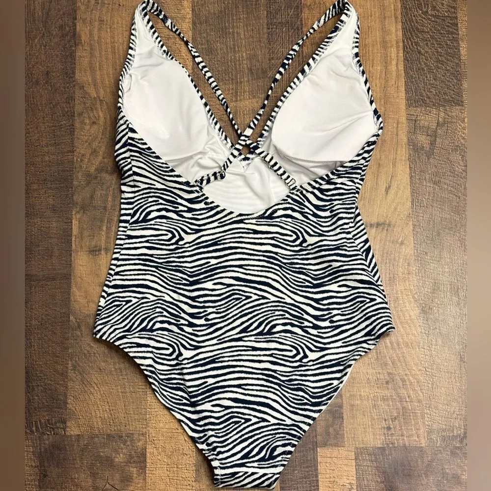 H&M One Piece Swimsuit Dark Blue Zebra Print Cross Back Size 8 - Image 4